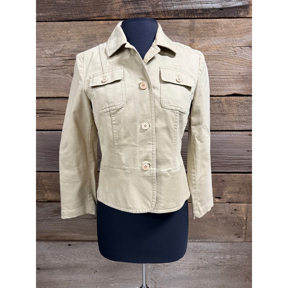 Talbots Petites Women 6 Khaki Stretch Cotton Button Front Utility Jacket Tan